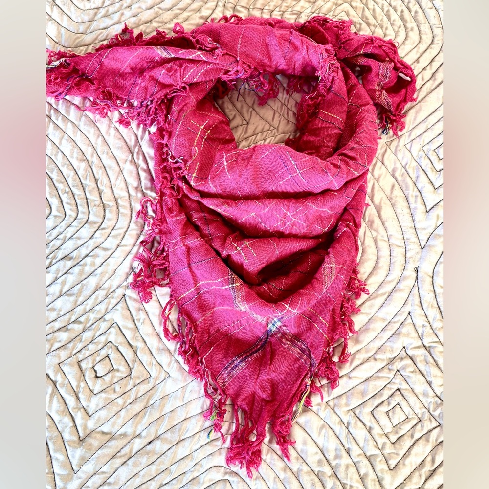 Vintage 70s Ben Goodman 100% Rayon Square Scarf Made in India Pink Fringe 32”